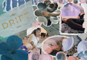 Collage featuring Drift Spa branding, individuals engaged in relaxation activities, serene floral elements, and sound bowls, emphasizing wellness and tranquility for upcoming restorative events.